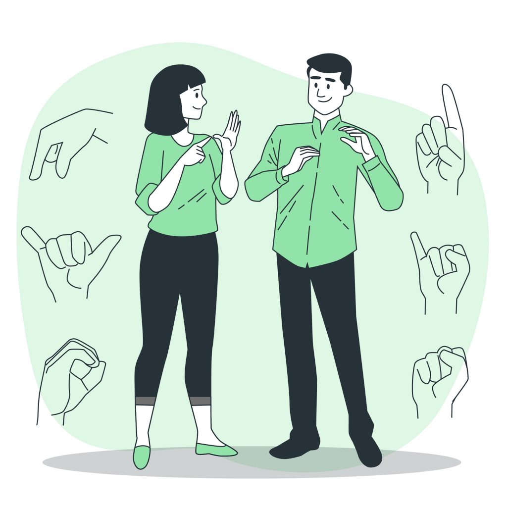 A cartoon of a man and a woman communicating using sign language.