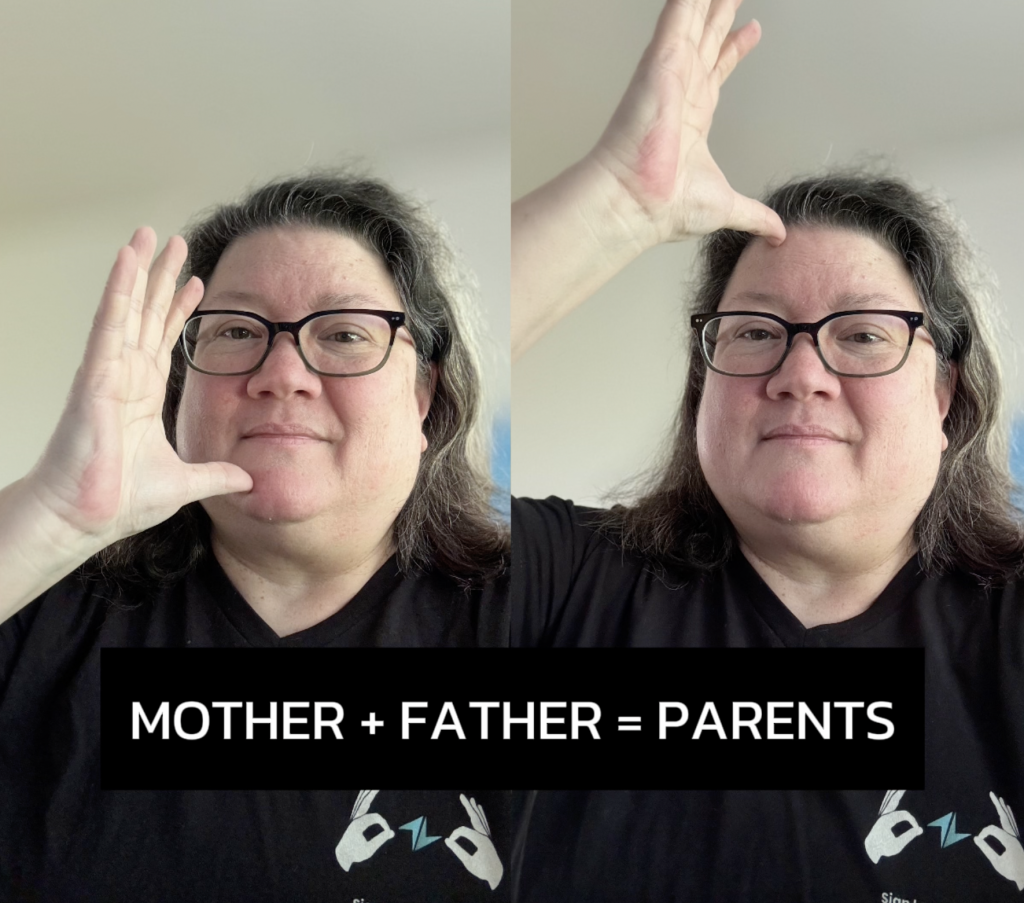 Amy demonstrates the sign for parents.